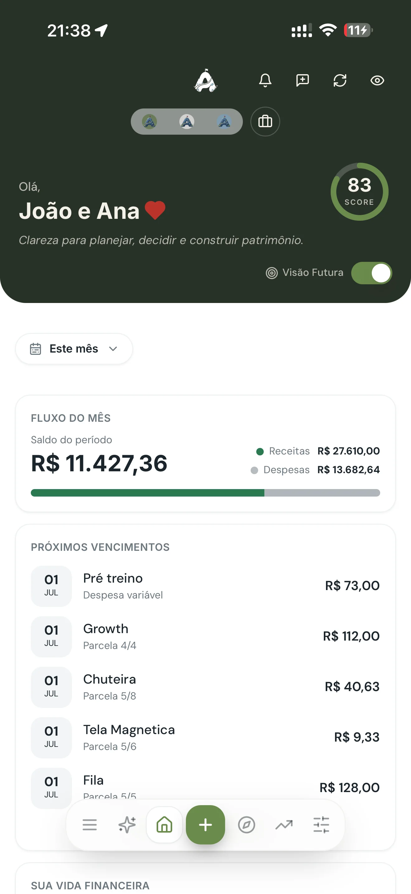 App Atlas mostrando o acompanhamento do orçamento do mês