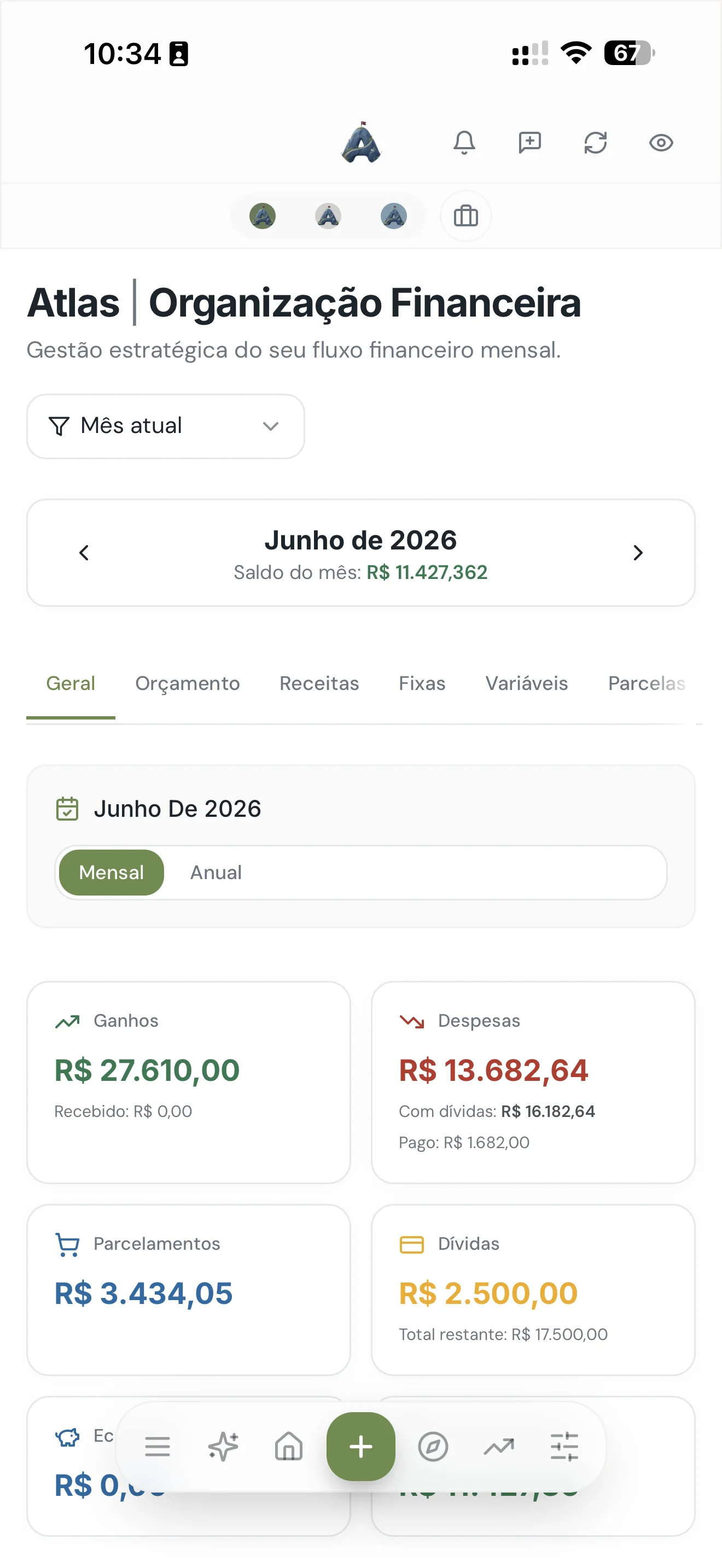 App Atlas mostrando os gastos por categoria, ajudando a perceber padrões de compra por impulso